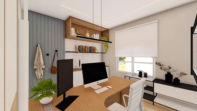 Escritório de Advocacia — Sala de trabalho com mesa em L e iluminação natural