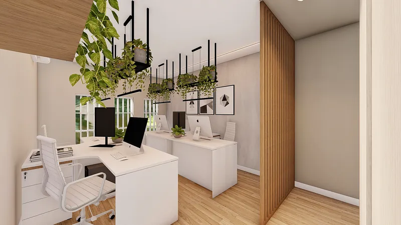 Escritório de Advocacia — Sala de reunião com mesa branca e plantas