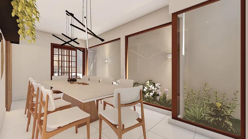 Residencial Astorga — Sala de jantar com mesa clara e vista para a vegetação