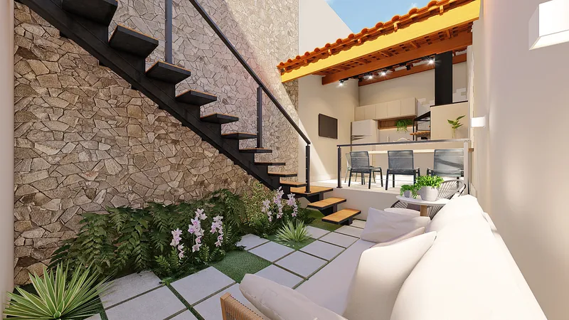 Residencial Astorga — Pátio interno com parede de pedra e escada metálica