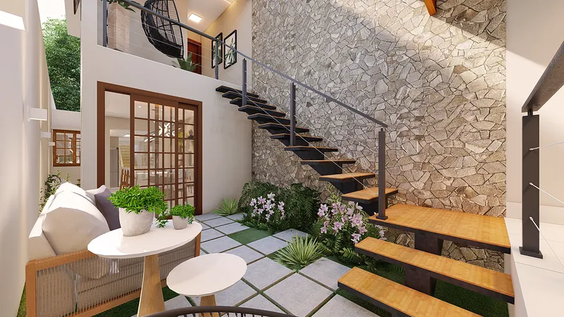 Residencial Astorga — Estar externo com poltronas e piso de pedra