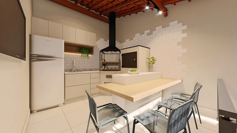 Residencial Astorga — Área gourmet com churrasqueira e mesa de refeições