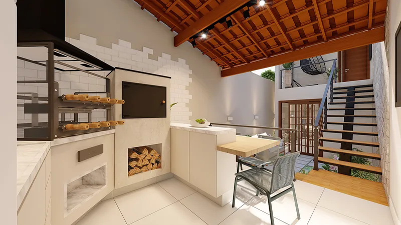 Residencial Astorga — Área gourmet vista da escada, com telha aparente