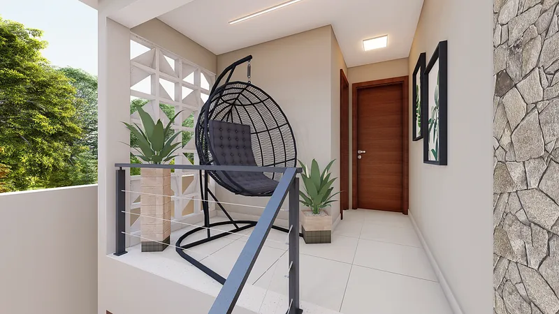 Residencial Astorga — Varanda com cadeira suspensa e parede de pedra