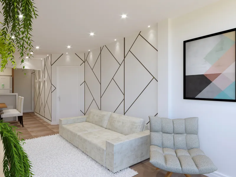 Residencial em Moema — Estar com sofá claro e painel geométrico na parede