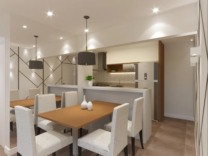 Residencial em Moema — Sala de jantar com pendente e cadeiras claras