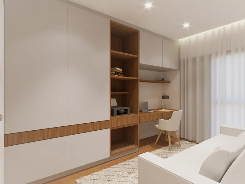 Residencial em Moema — Estar com marcenaria clara e cortina