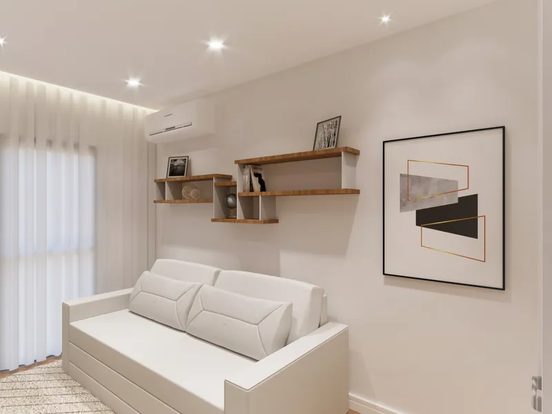Residencial em Moema — Sala com sofá branco e prateleiras de madeira