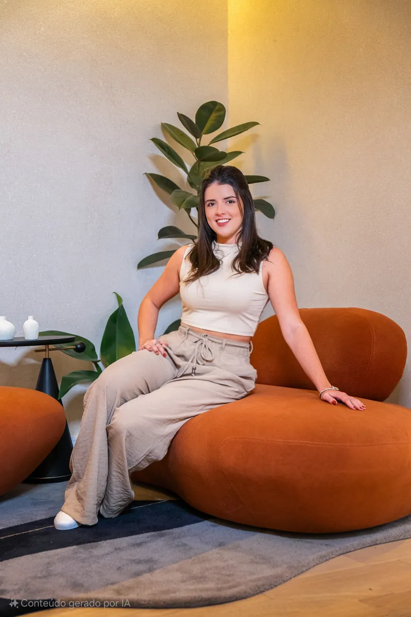 Lizandra Alvite sentada em uma poltrona, sorrindo