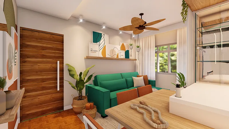 Residencial Pet — Estar com sofá verde e porta de madeira