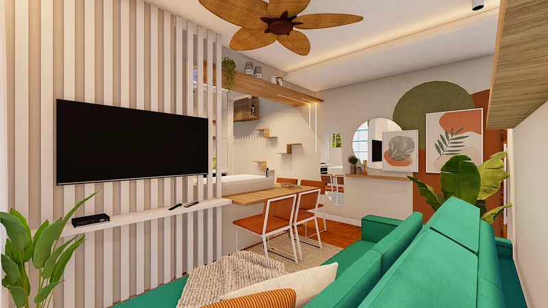 Residencial Pet — Painel ripado com TV e sofá verde