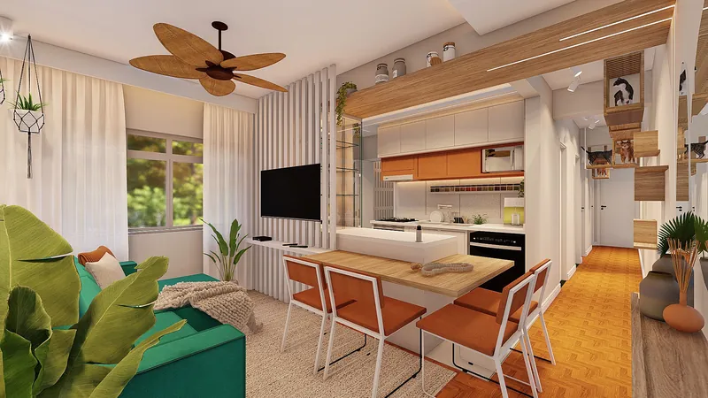 Residencial Pet — Estar e jantar integrados com ventilador de teto