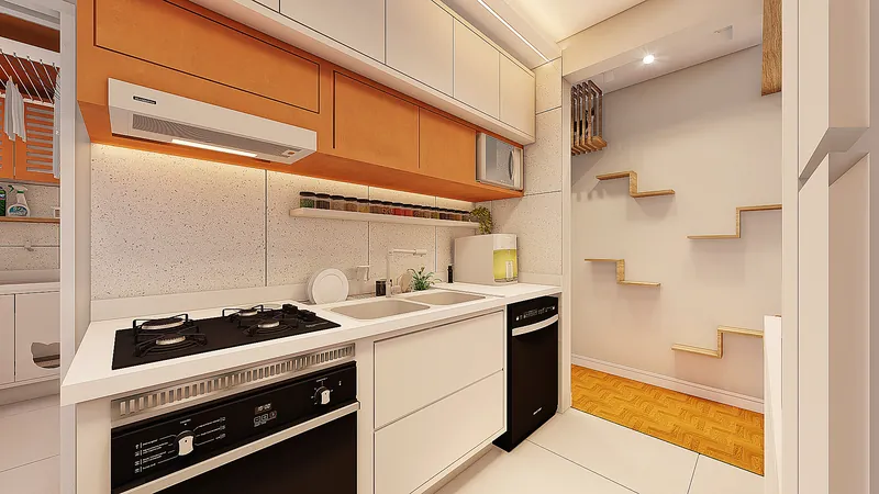Residencial Pet — Cozinha com armários em madeira e cooktop