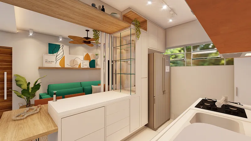 Residencial Pet — Cozinha vista do estar, com bancada clara
