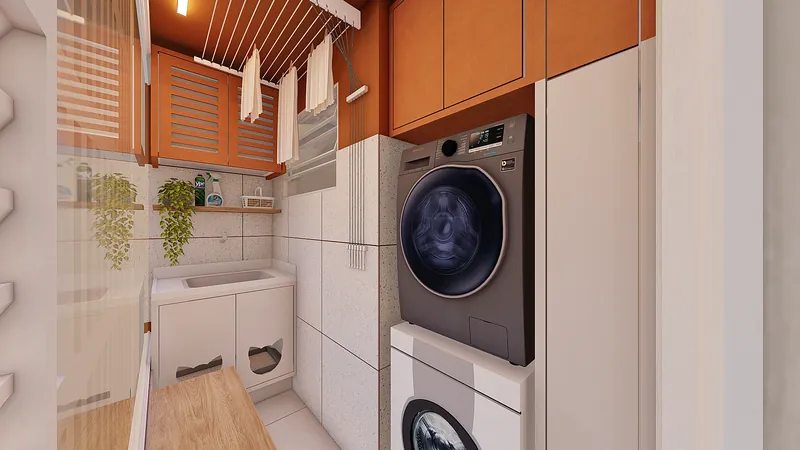 Residencial Pet — Lavanderia com máquina de lavar e prateleiras