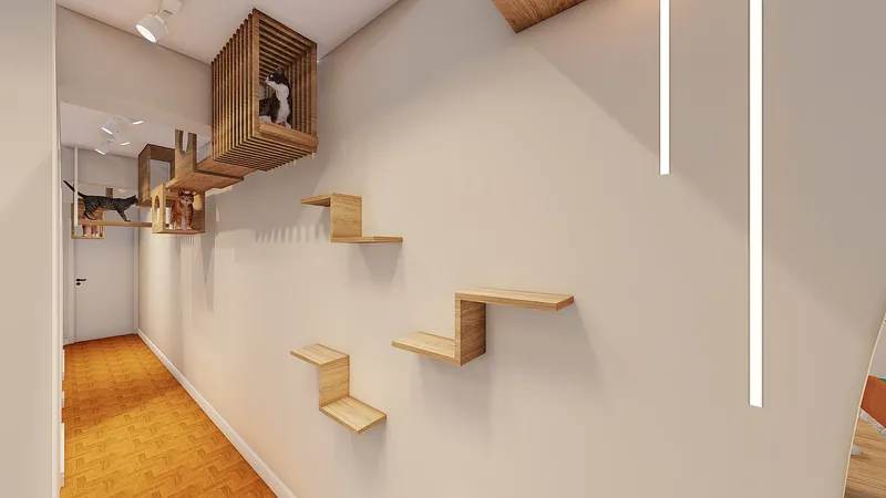 Residencial Pet — Parede com prateleiras e caminhos para os gatos