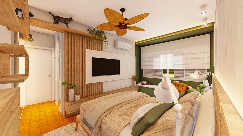 Residencial Pet — Suíte com painel ripado e ventilador de teto