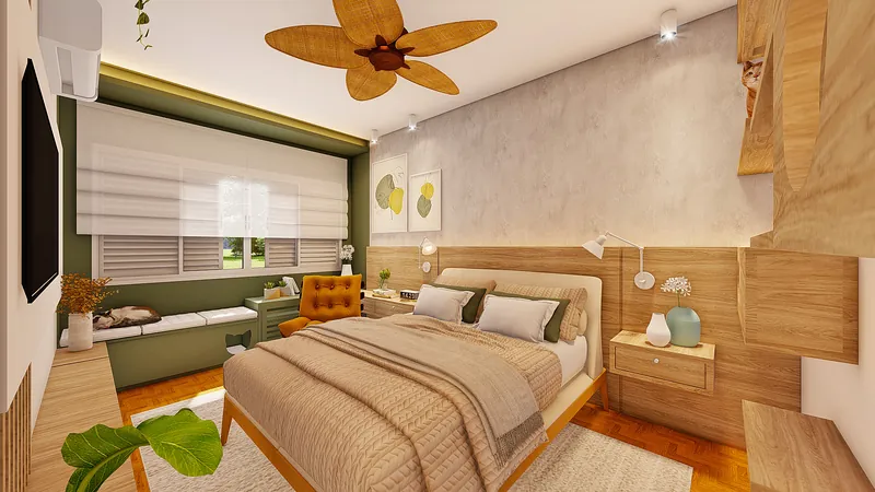 Residencial Pet — Dormitório com cabeceira de madeira e persiana