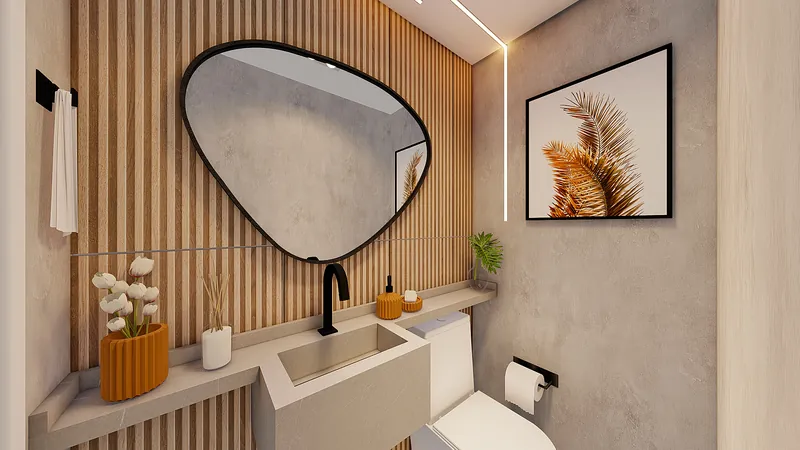 Residencial Pet — Banheiro com espelho orgânico e bancada de madeira