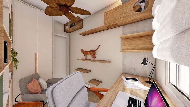 Residencial Pet — Dormitório com marcenaria clara e gato na prateleira