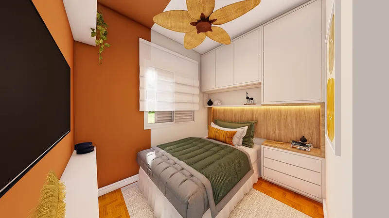 Residencial Pet — Quarto com cabeceira estofada e nichos