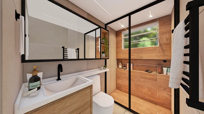 Residencial Pet — Banheiro com box de vidro e marcenaria em madeira