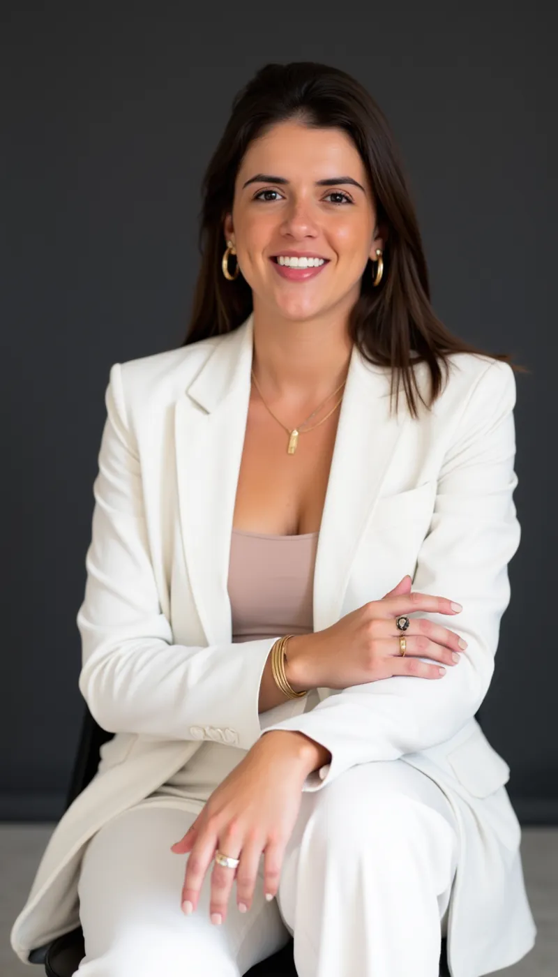 Retrato de Lizandra Alvite em pé, de blazer branco