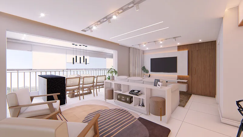 Residencial Vitality — Living integrado com painel de TV e mesa de jantar ao fundo