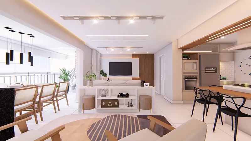 Residencial Vitality — Sala de estar e jantar com marcenaria clara e pendentes pretos
