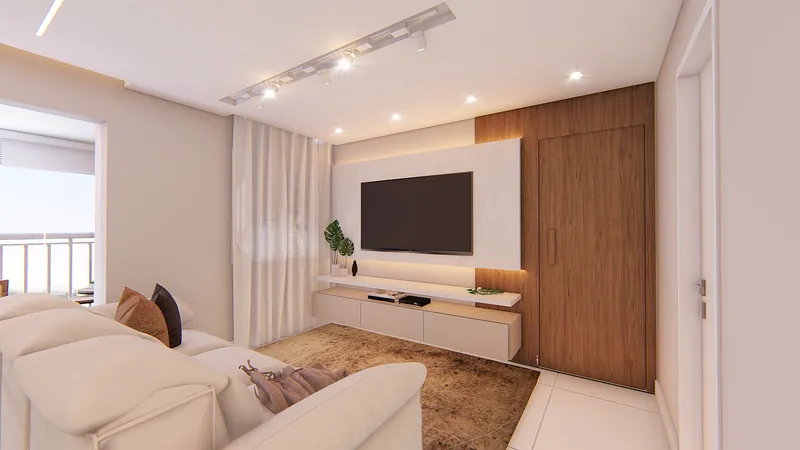 Residencial Vitality — Painel de TV em madeira com o estar contíguo