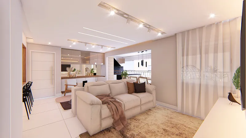Residencial Vitality — Estar com sofá claro e cortina filtrante