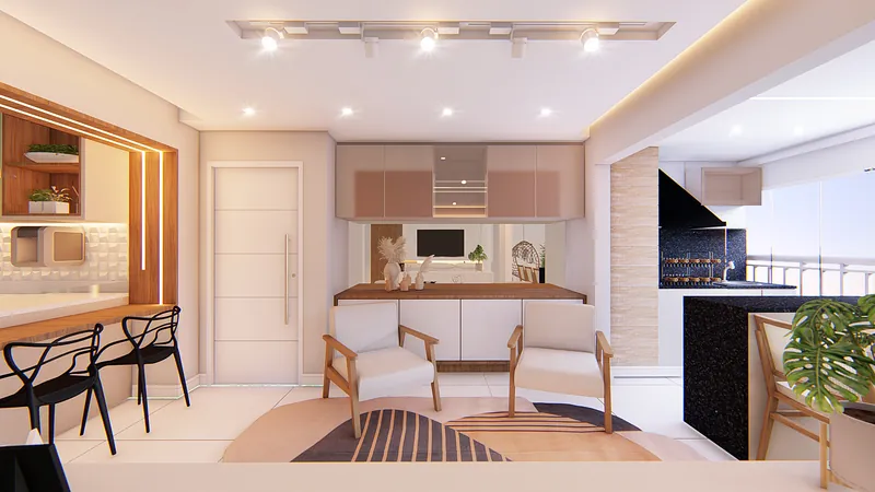 Residencial Vitality — Sala de jantar com cadeiras pretas e passagem para a cozinha