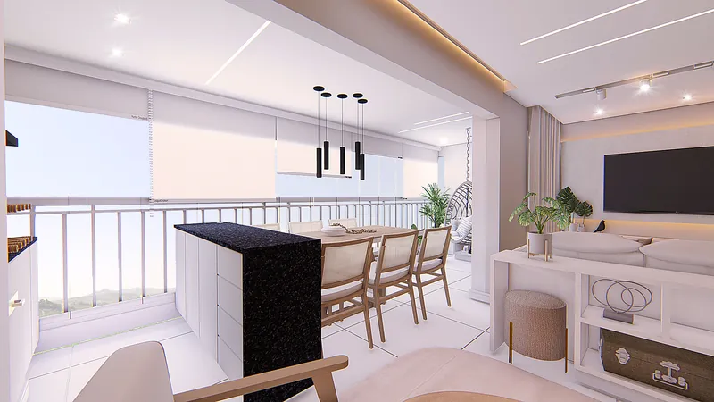 Residencial Vitality — Vista ampla do living com a cozinha ao fundo