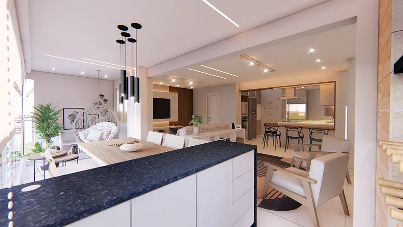 Residencial Vitality — Cozinha com bancada em pedra escura e área gourmet