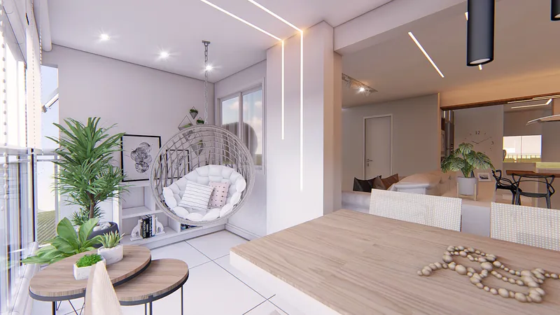 Residencial Vitality — Terraço integrado ao estar, com vegetação