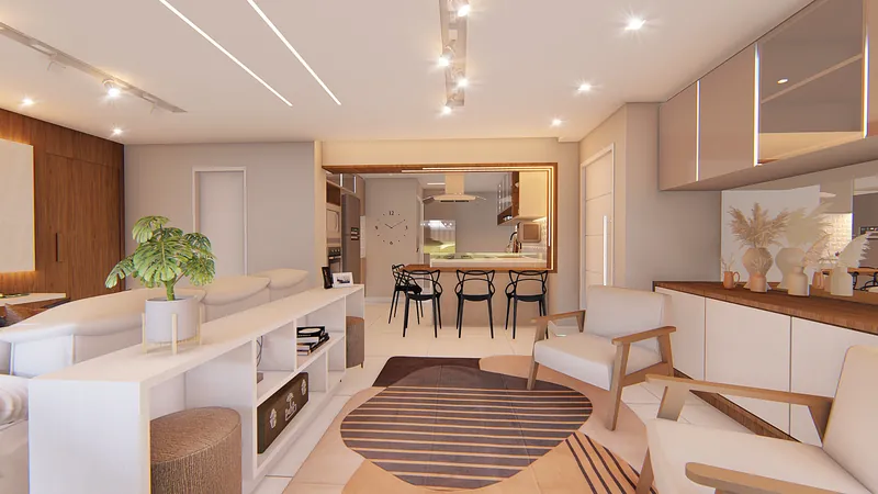 Residencial Vitality — Living visto da varanda, com tapete e mesa redonda