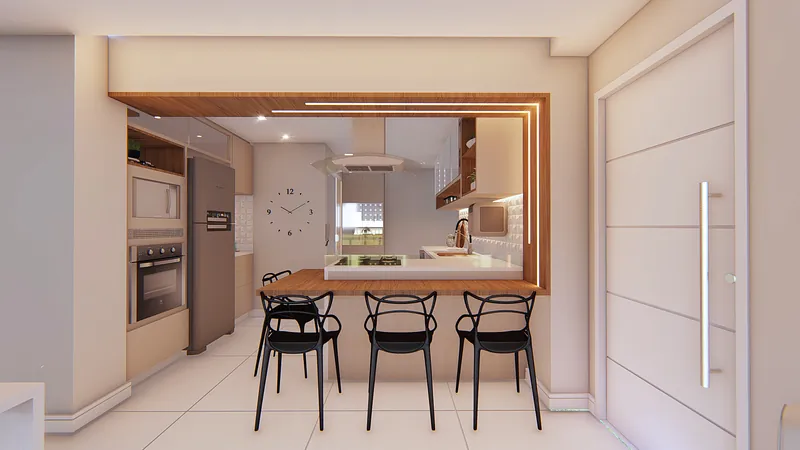 Residencial Vitality — Cozinha integrada com bancada alta e banquetas