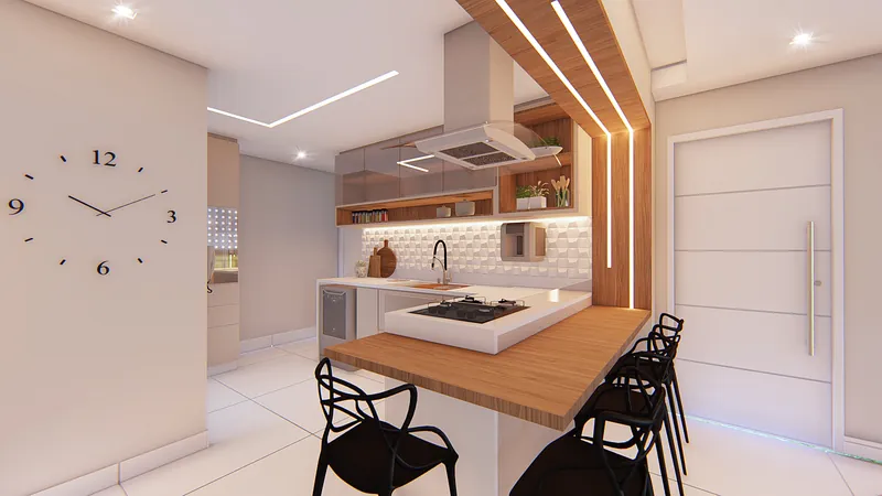 Residencial Vitality — Copa com mesa de jantar e relógio na parede