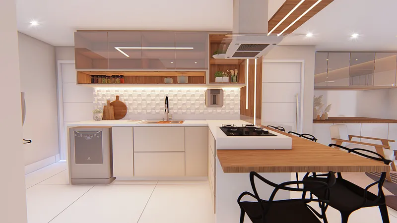 Residencial Vitality — Cozinha com revestimento de tijolinho e iluminação sob os armários