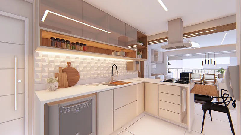 Residencial Vitality — Cozinha em L com cooktop e armários claros