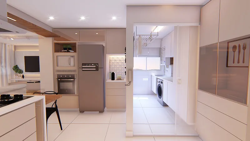 Residencial Vitality — Cozinha vista da sala, com geladeira embutida