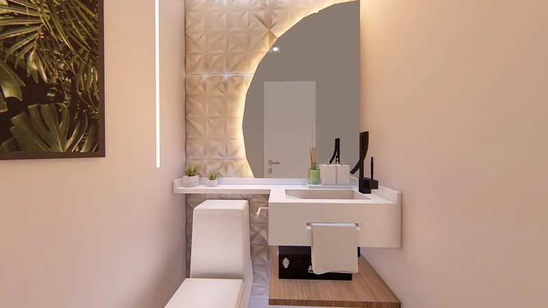 Residencial Vitality — Lavabo com espelho redondo e bancada suspensa