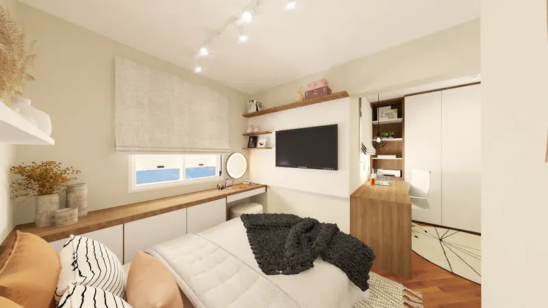 Residencial Vitality — Suíte com cabeceira estofada e bancada de apoio