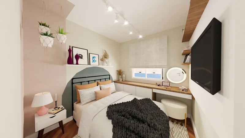 Residencial Vitality — Dormitório com painel de TV e escrivaninha