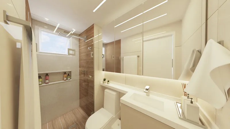 Residencial Vitality — Banheiro claro com box de vidro e nichos